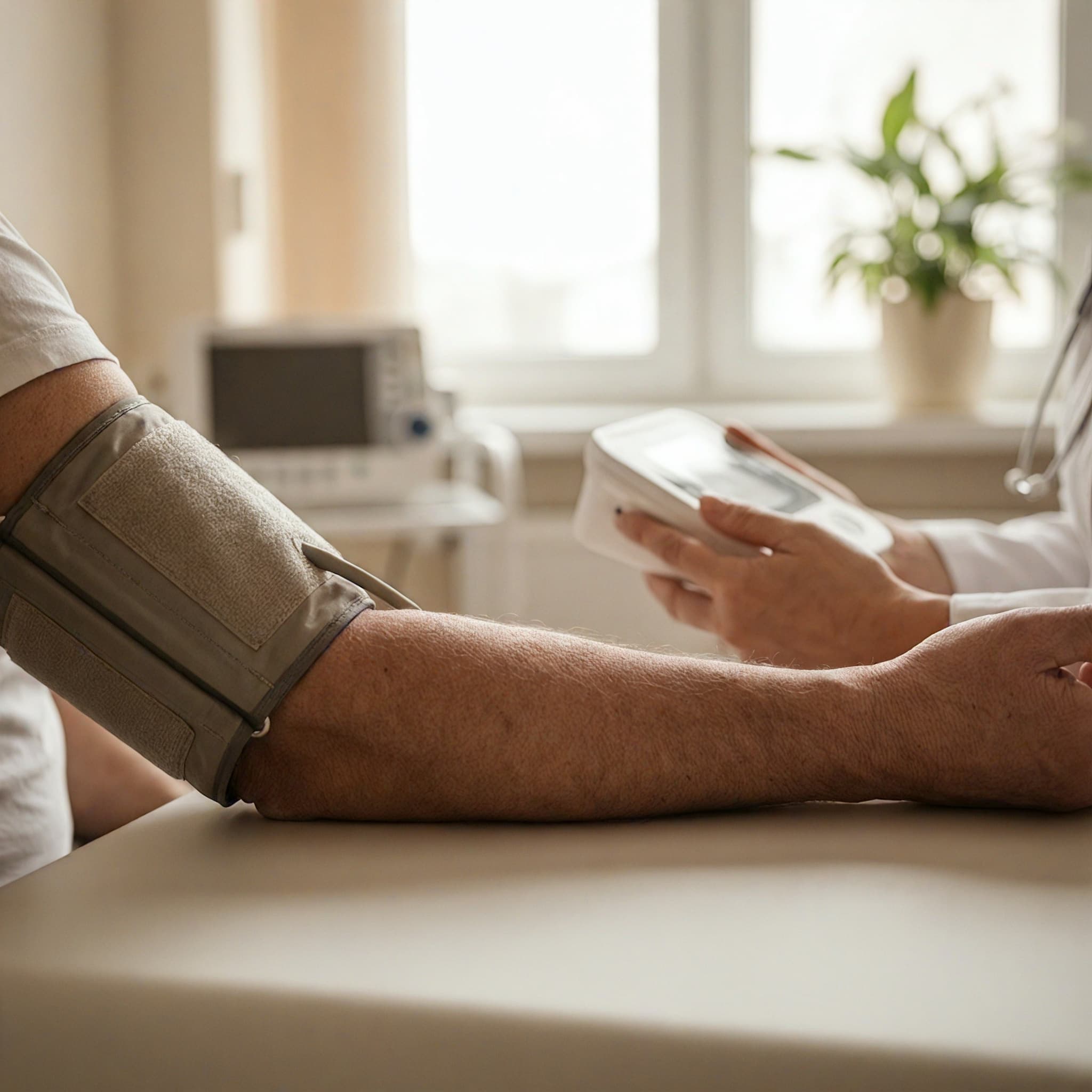 A person wears a blood pressure cuff to measure their stats